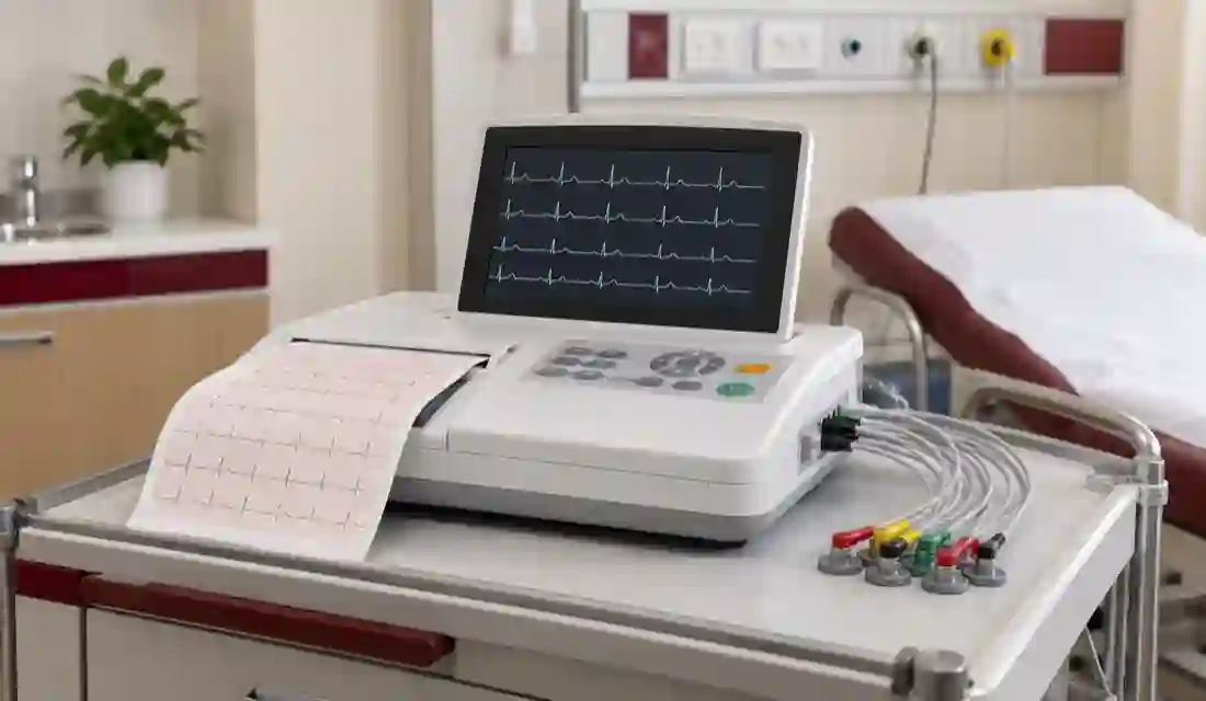 Electrocardiograph equipment used to record heart electrical activity.